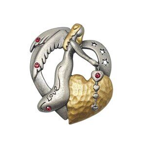 Angel Heart Brooch Pin With Love Inscription Red Gem Accents